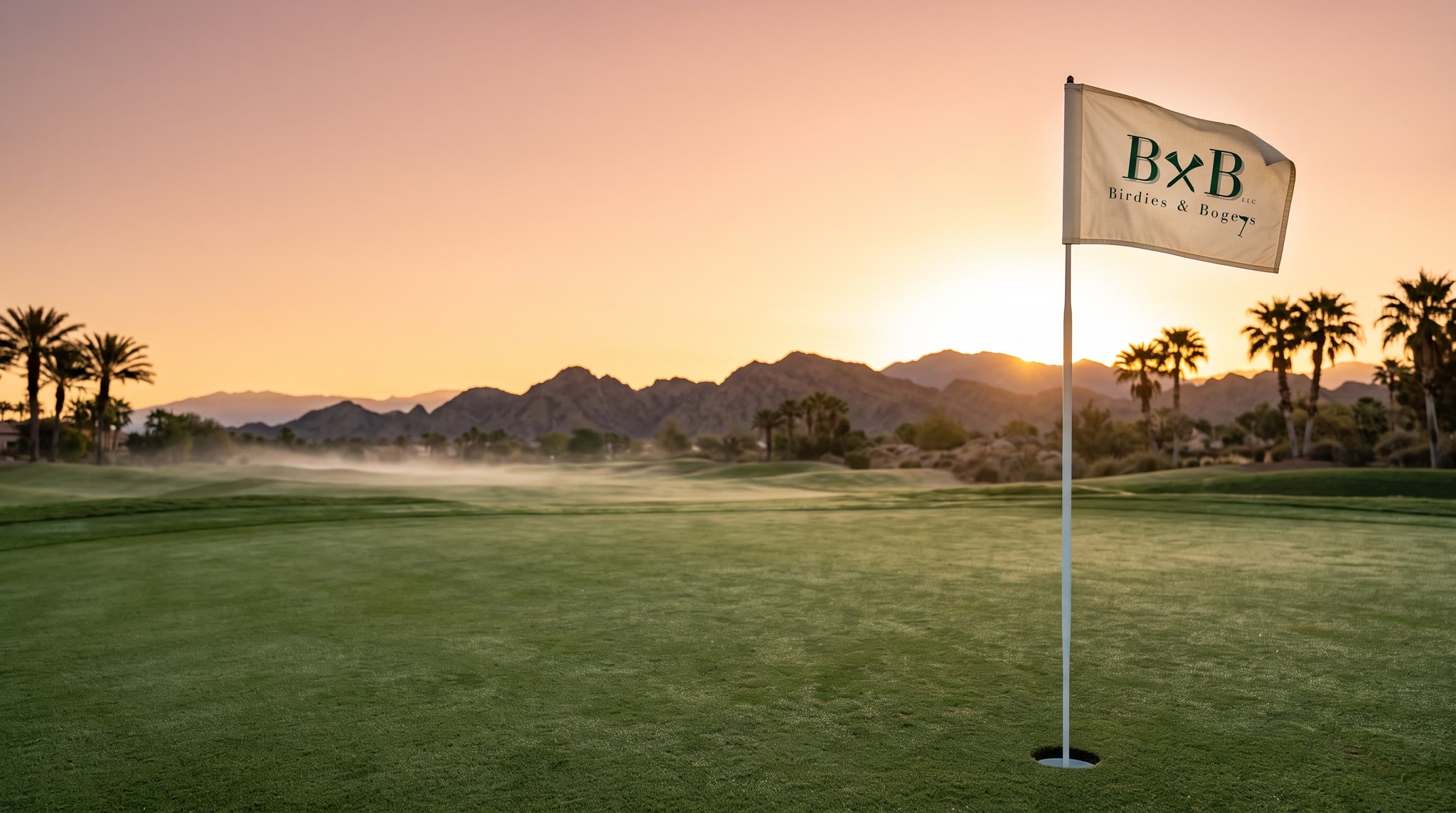 Sunrise over a desert putting green with the Birdies & Bogeys flag